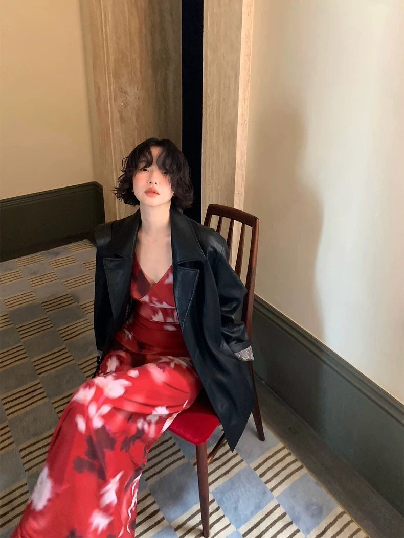 Red Floral Sheer Long-Sleeve Maxi Dress