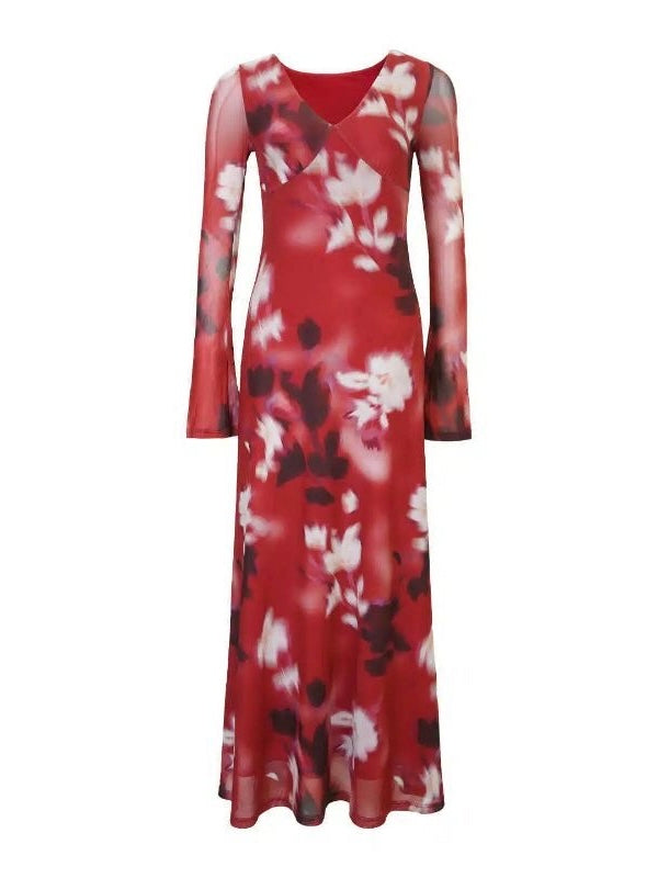 Red Floral Sheer Long-Sleeve Maxi Dress