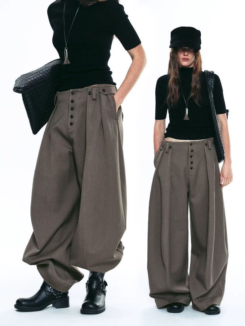 Unisex Pleated Wide-Leg Button Trousers