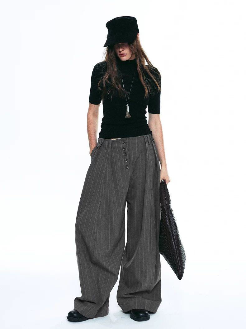 Unisex Pleated Wide-Leg Button Trousers