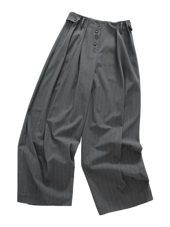 Unisex Pleated Wide-Leg Button Trousers