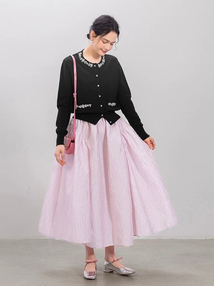 Jeweled Button Cardigan & Textured Midi Skirt Set