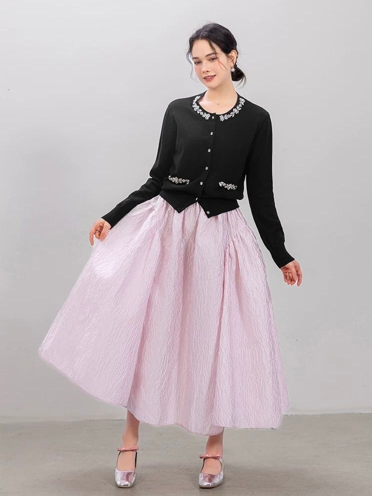 Jeweled Button Cardigan & Textured Midi Skirt Set