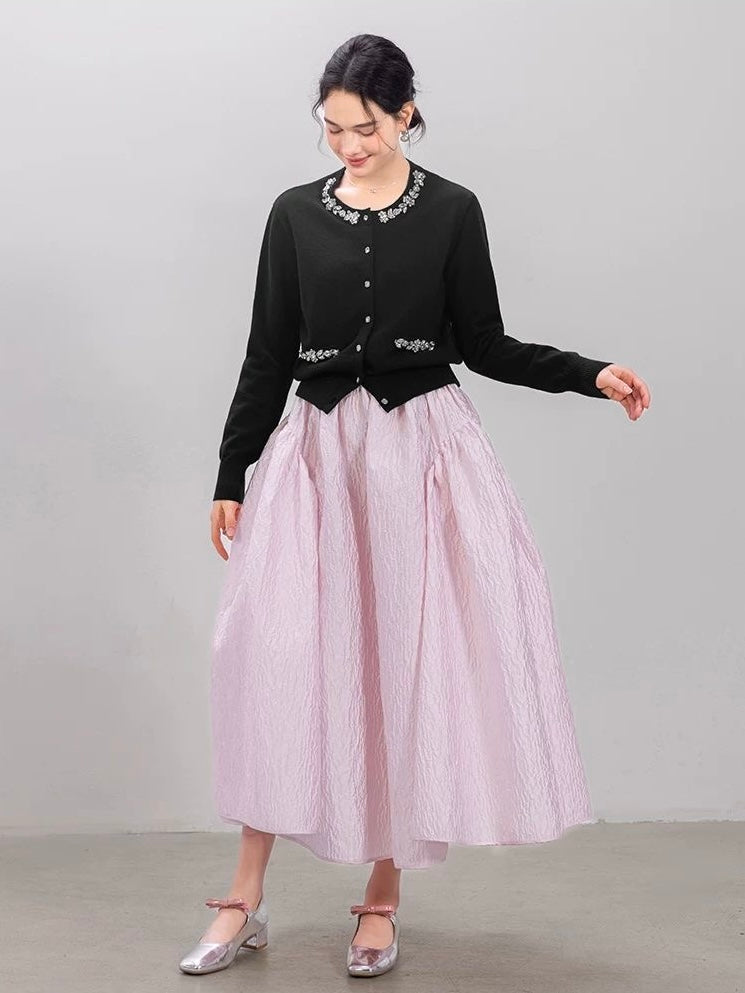 Jeweled Button Cardigan & Textured Midi Skirt Set