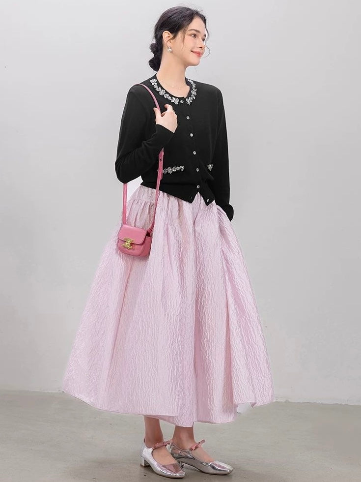 Jeweled Button Cardigan & Textured Midi Skirt Set