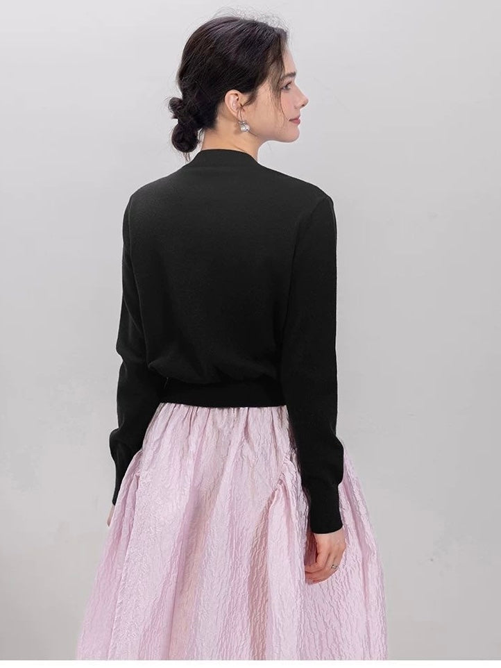 Jeweled Button Cardigan & Textured Midi Skirt Set