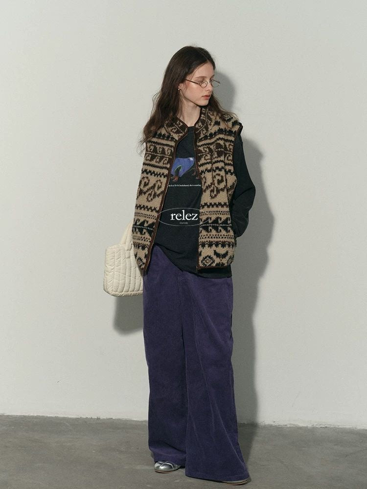 Retro Patterned Fleece Zip Vest