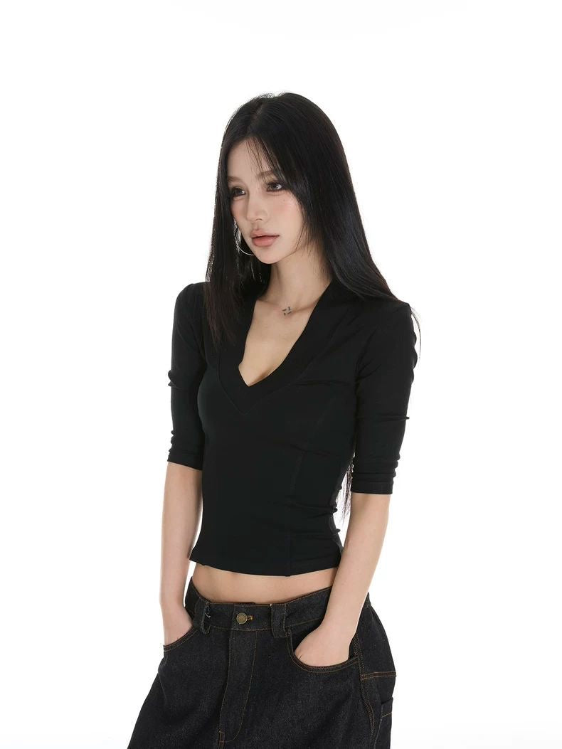 Black Fitted V-neck Top