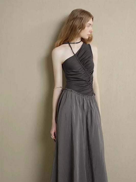 Asymmetric Patchwork Dress with Artistic Ruching