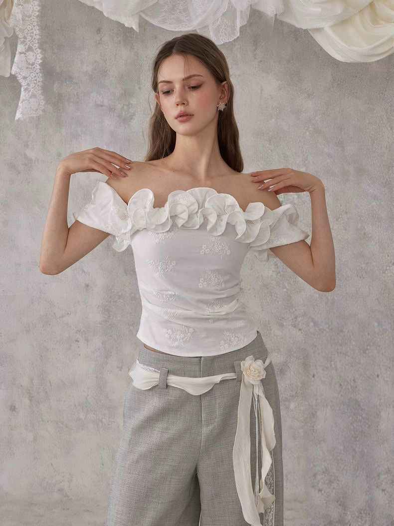 Floral Ruffle Off-Shoulder Top – White