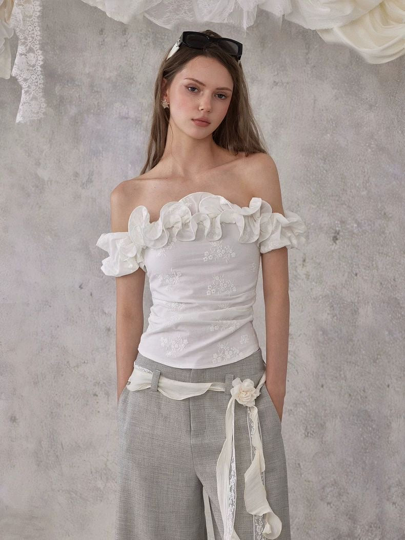 Floral Ruffle Off-Shoulder Top – White