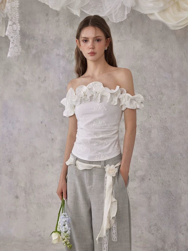 Floral Ruffle Off-Shoulder Top – White