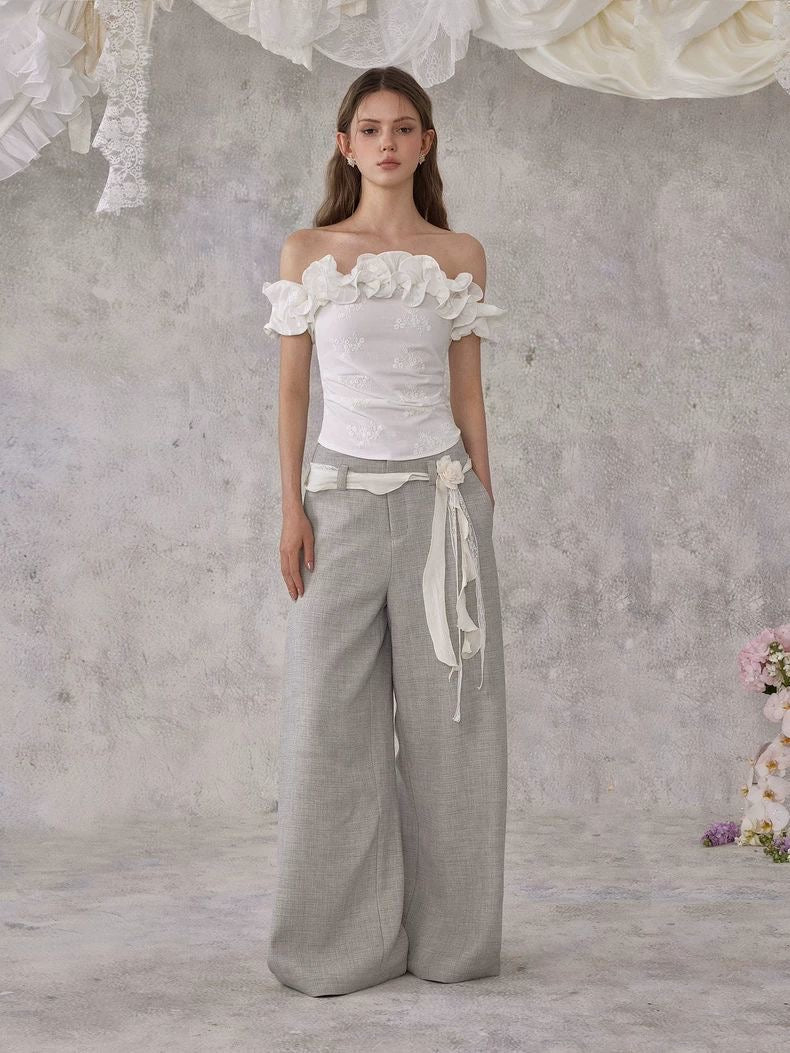Floral Ruffle Off-Shoulder Top – White