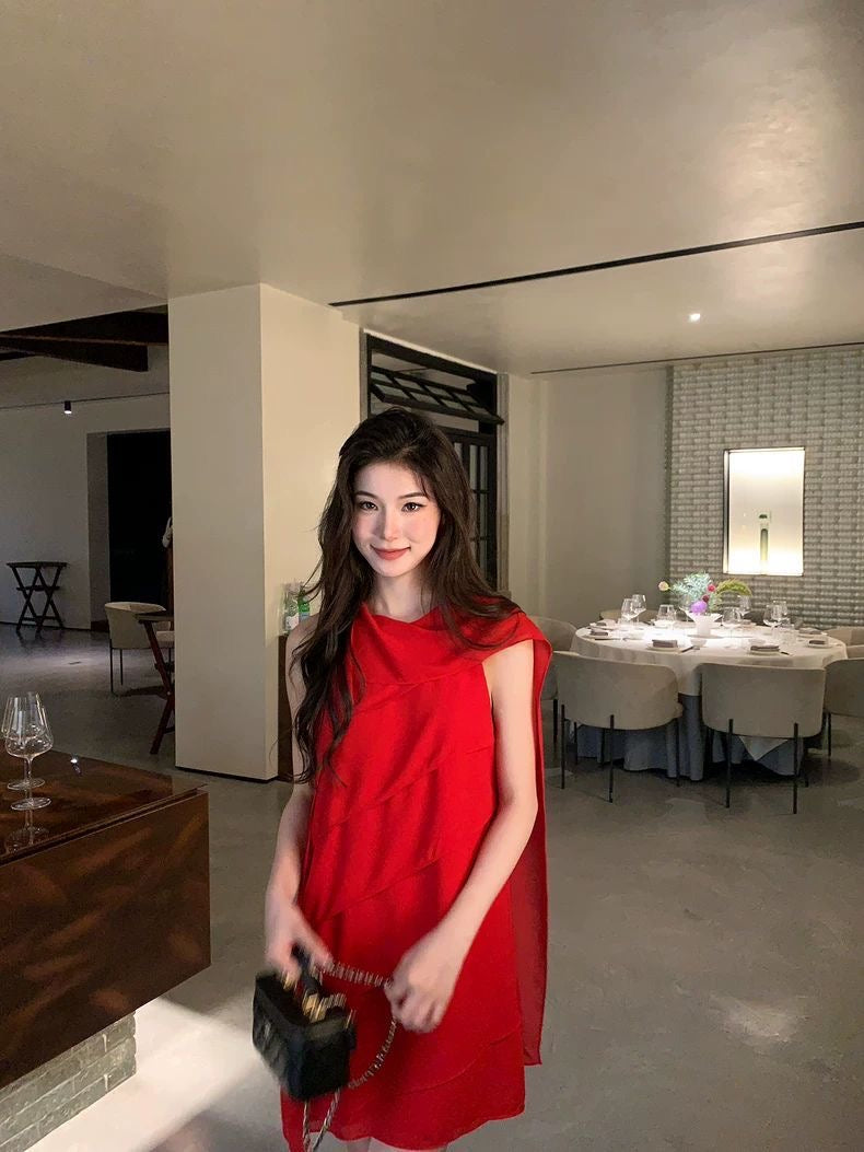 Crimson Drape Cape Dress