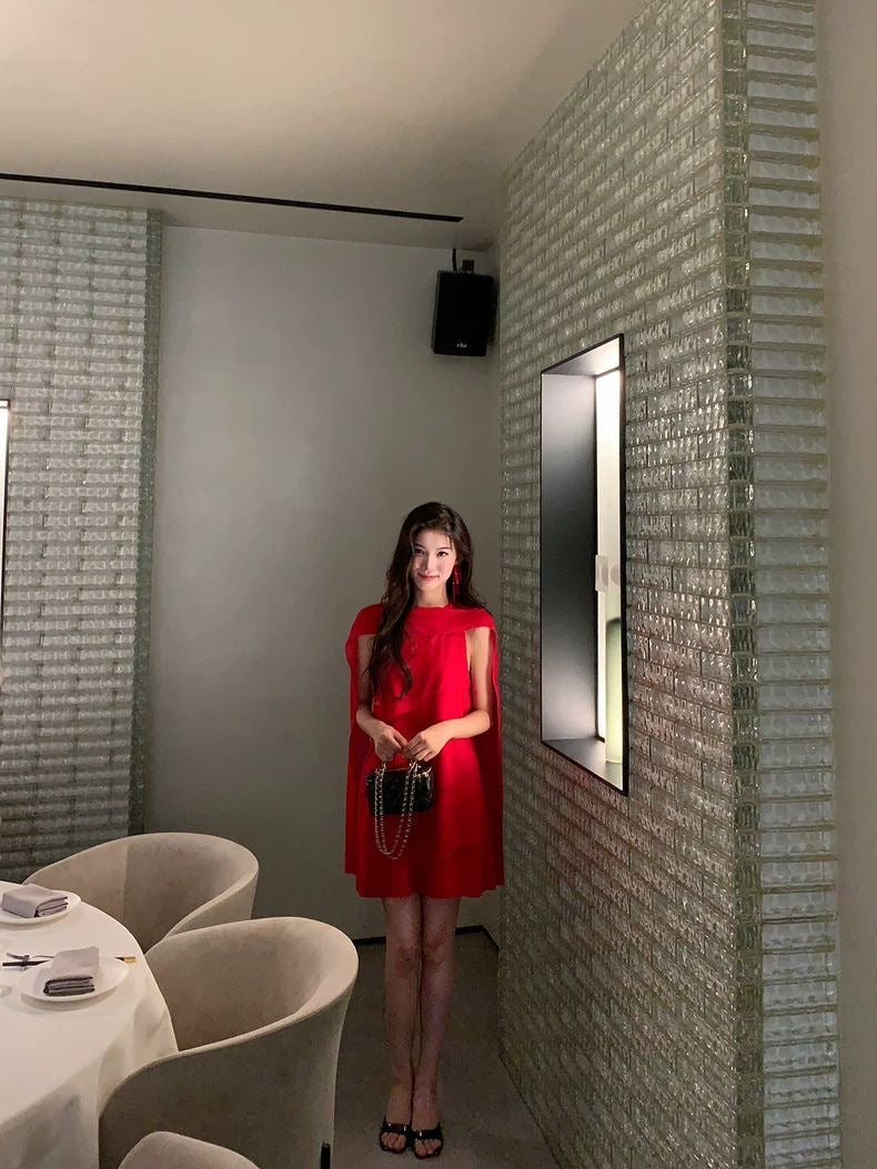 Crimson Drape Cape Dress
