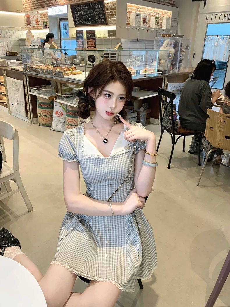 Gingham Lace Button Dress