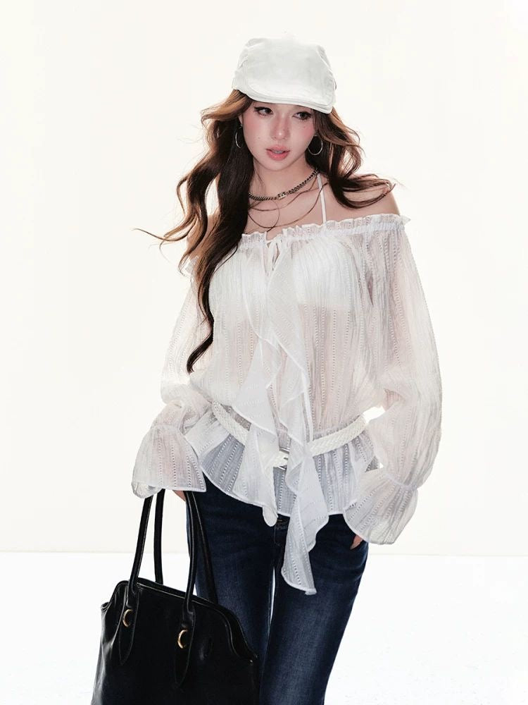 Sheer Ruffle Tie Blouse