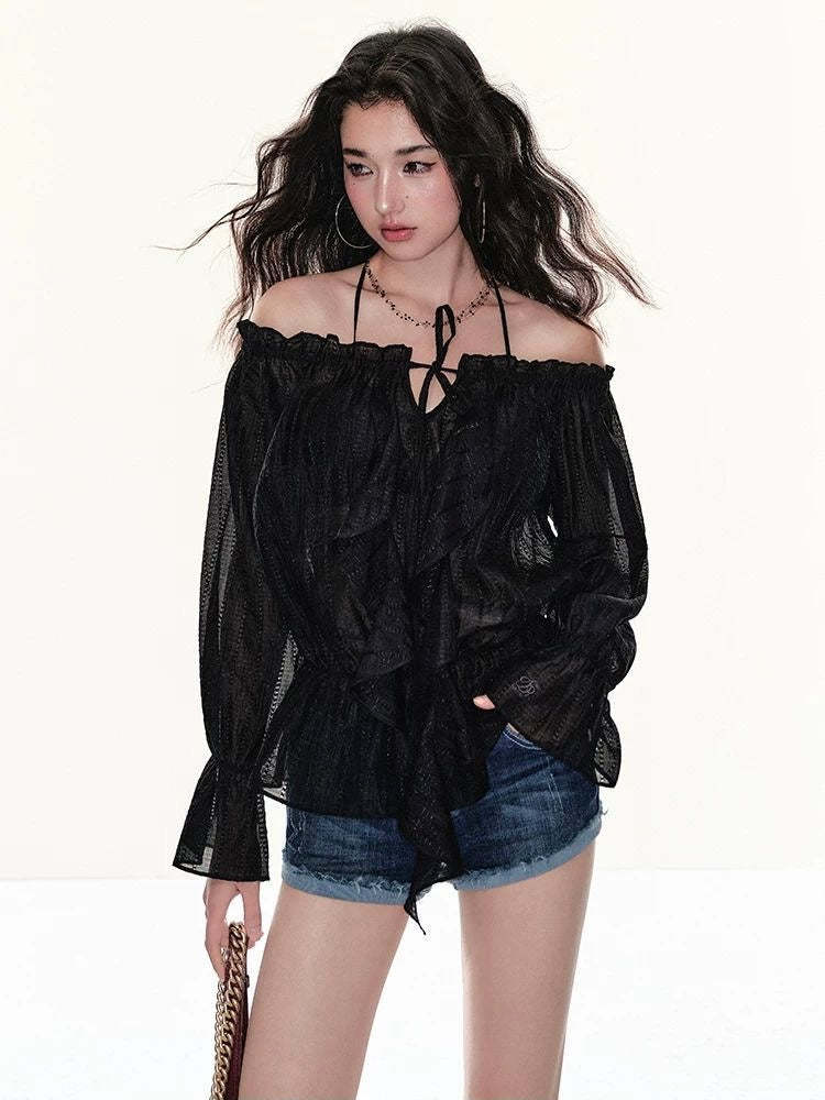 Sheer Ruffle Tie Blouse