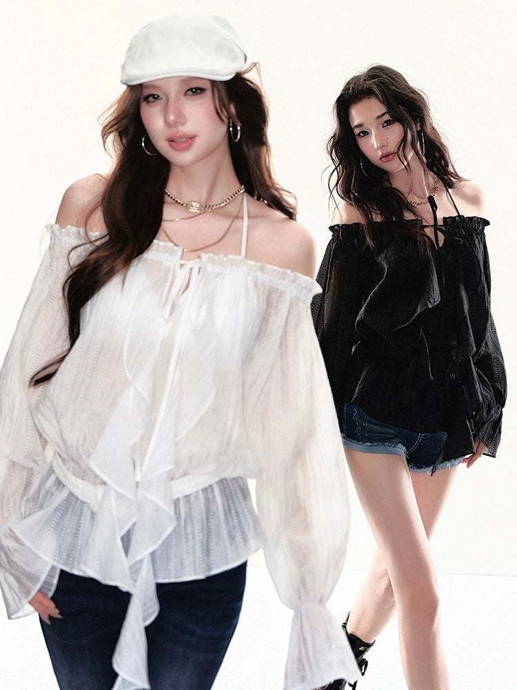 Sheer Ruffle Tie Blouse