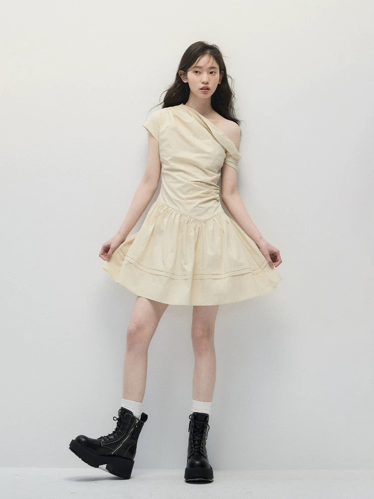 Beige Asymmetric Waist-Cinched A-Line Dress – Minimalist & Flattering