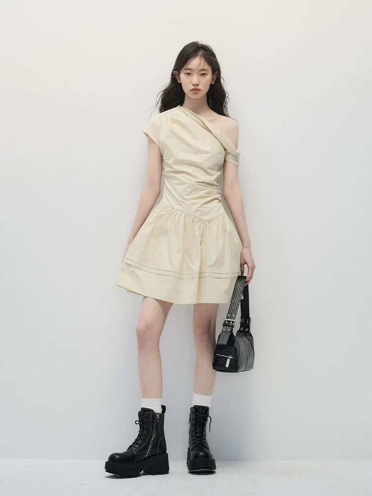 Beige Asymmetric Waist-Cinched A-Line Dress – Minimalist & Flattering