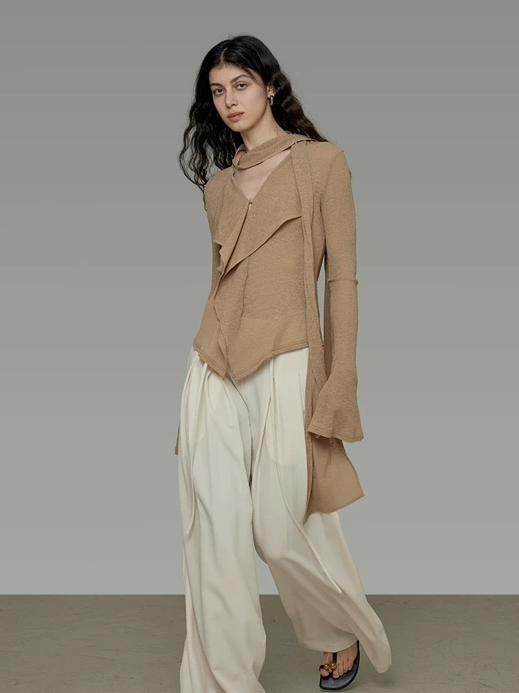 V-Neck Knit Top with Flowing Tie Detail