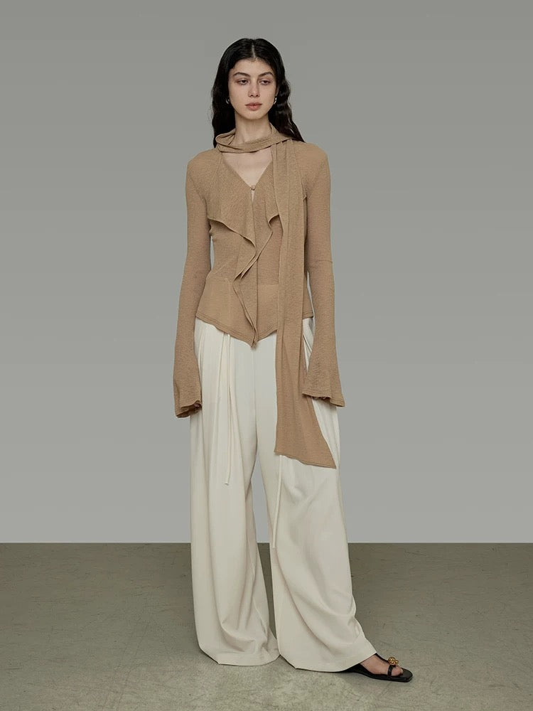 V-Neck Knit Top with Flowing Tie Detail