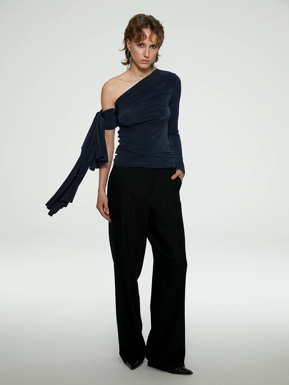 French Asymmetrical Acetate Backless Top with Ribbon Tie