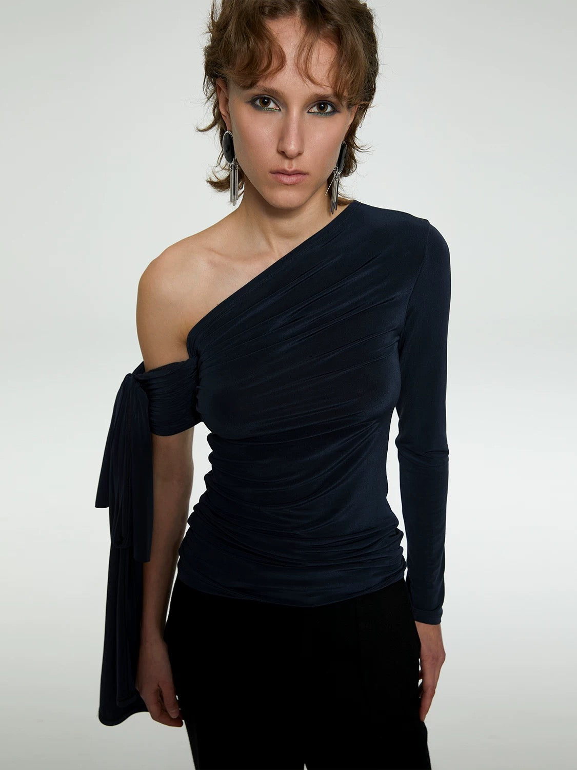 French Asymmetrical Acetate Backless Top with Ribbon Tie