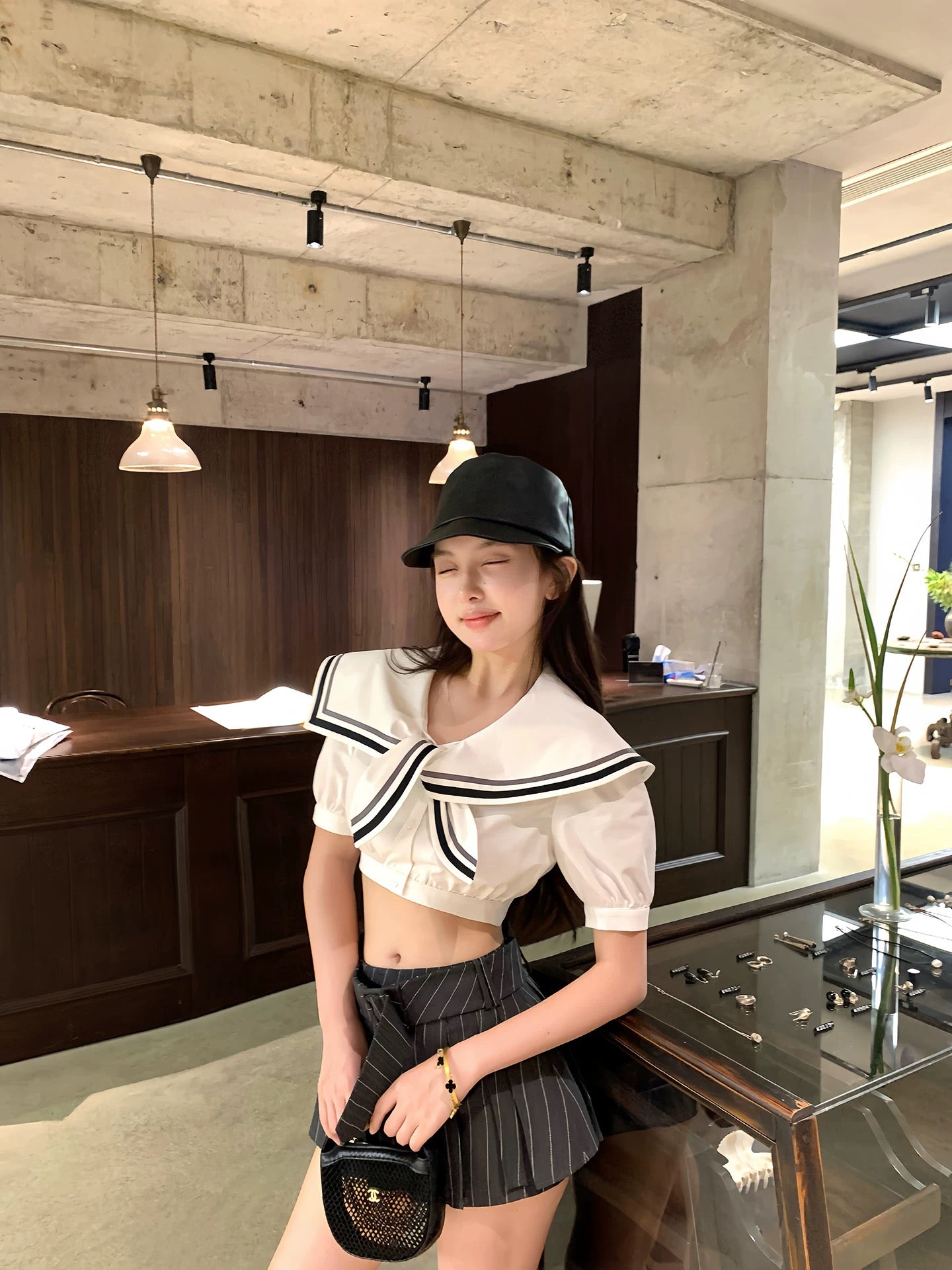 Nautical Collar Puff Sleeve Crop Shirt & Striped Pleated Skirt Set