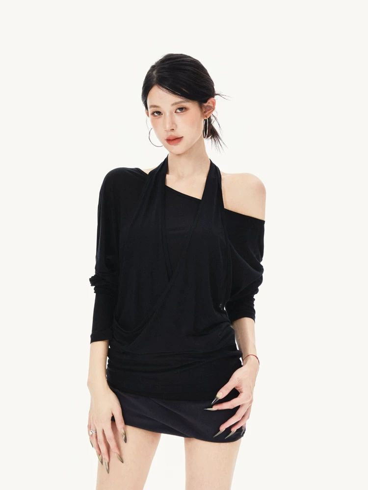 Black Halter Neck Batwing Sleeve Top with Layered Look