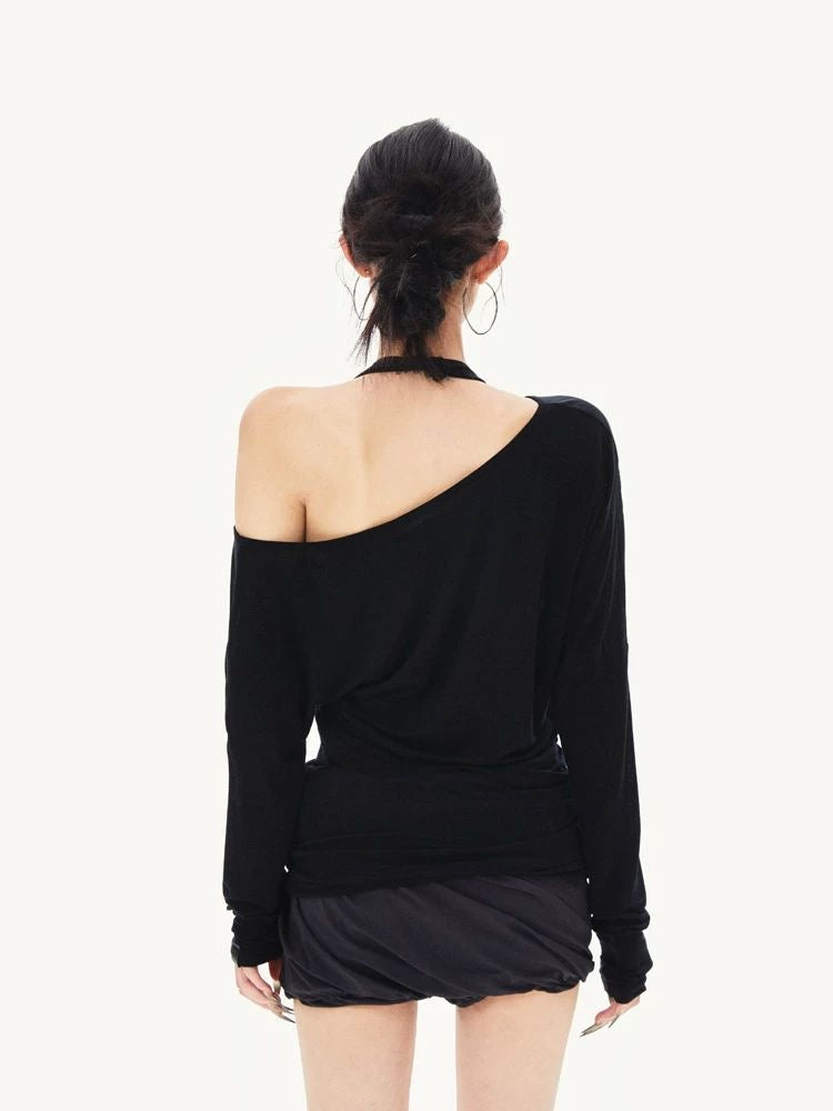 Black Halter Neck Batwing Sleeve Top with Layered Look