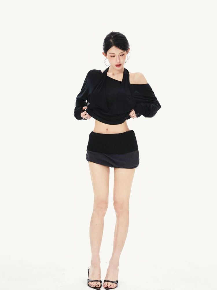 Black Halter Neck Batwing Sleeve Top with Layered Look