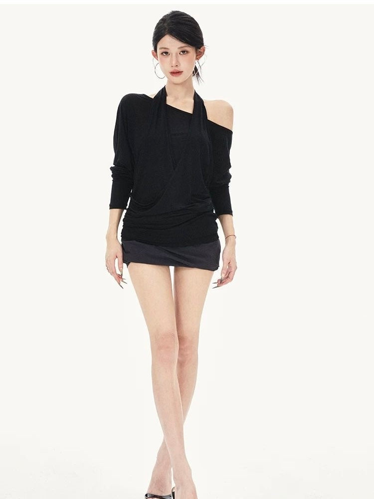 Black Halter Neck Batwing Sleeve Top with Layered Look