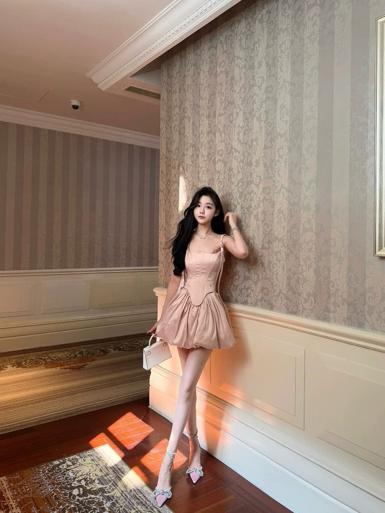 Amari Corset-Waist Tulip Hem Bubble Dress – Dusty Rose Pink