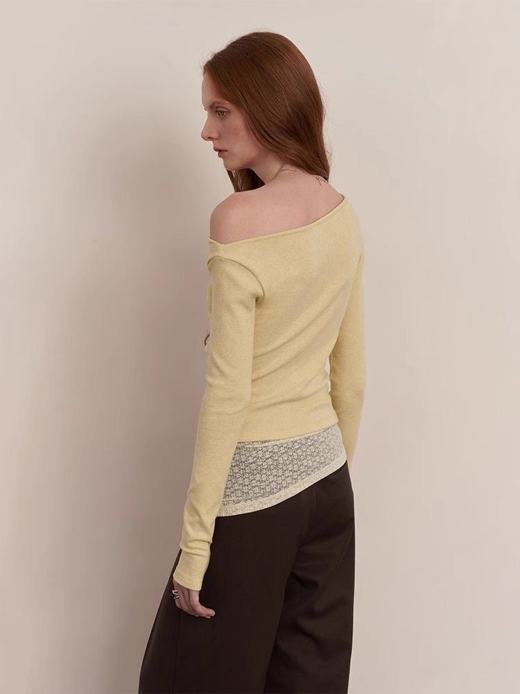 Cream Yellow Cowl Neck Knit Top with Lace Details
