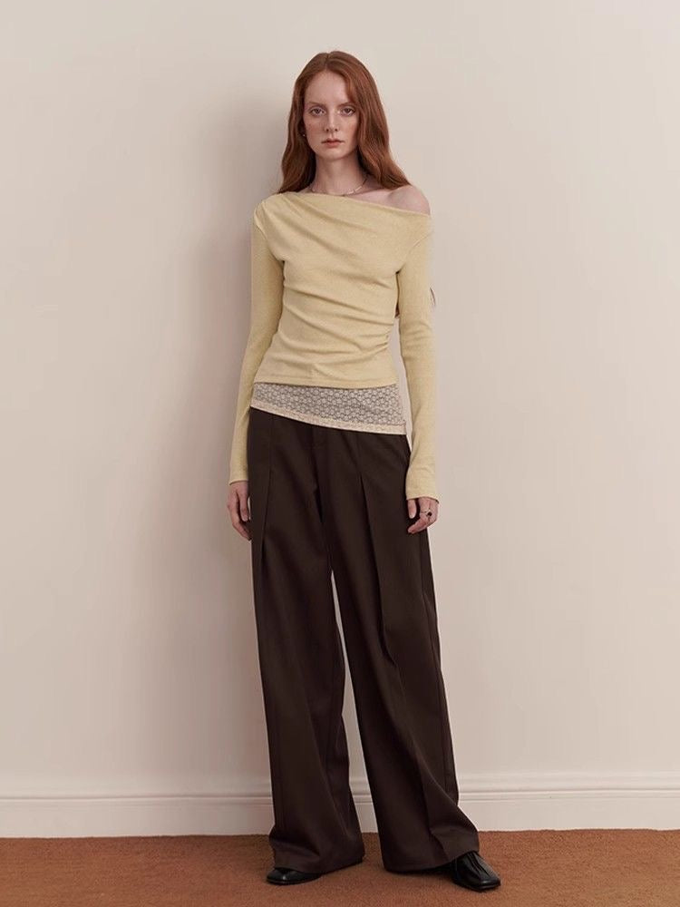 Cream Yellow Cowl Neck Knit Top with Lace Details