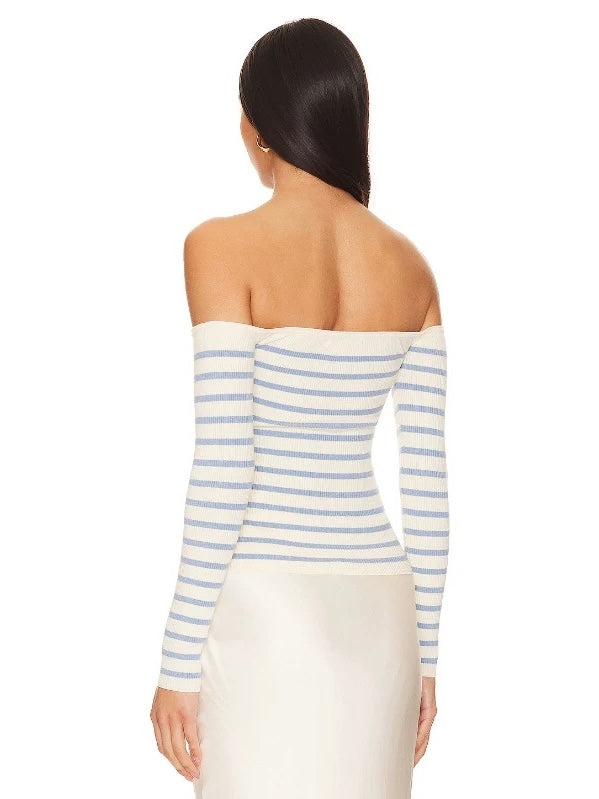 Off-Shoulder Striped Ribbed Knit Top – Baby Blue