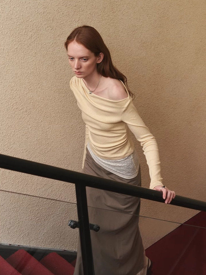 Cream Yellow Cowl Neck Knit Top with Lace Details