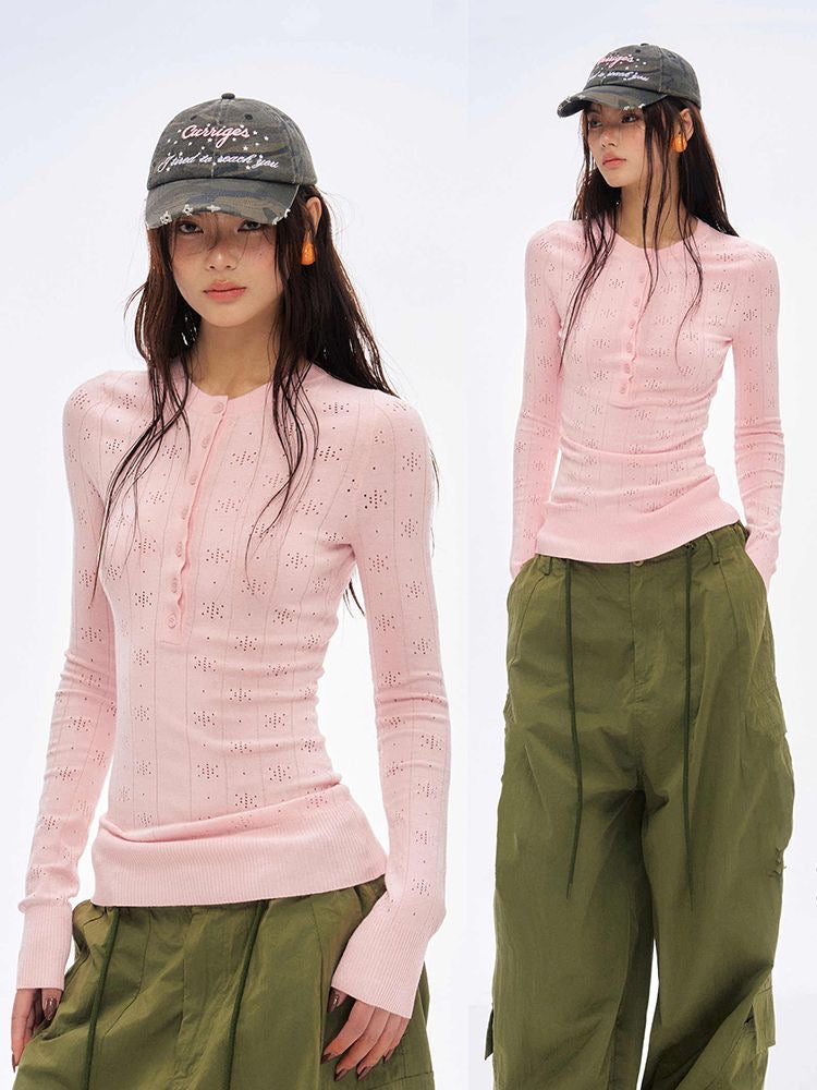 Soft Pink Hollow-Out Knitted Henley Long-Sleeve Top