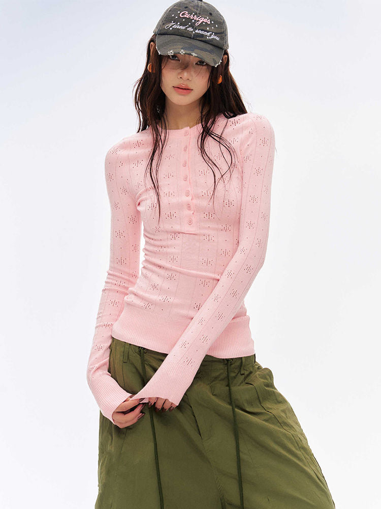 Soft Pink Hollow-Out Knitted Henley Long-Sleeve Top