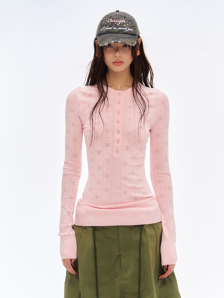 Soft Pink Hollow-Out Knitted Henley Long-Sleeve Top