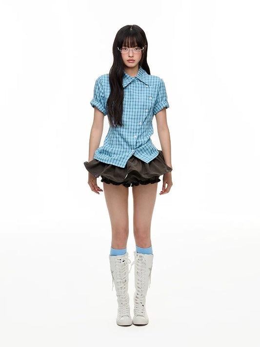 Blue Plaid Slim-Fit Short Sleeve Shirt – Colorblock Checkered Design