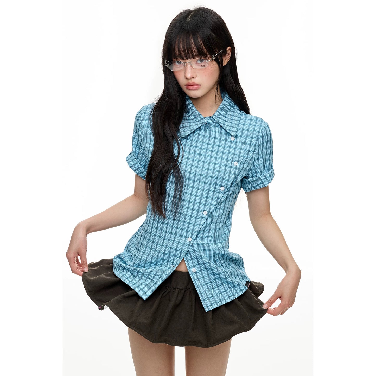 Blue Plaid Slim-Fit Short Sleeve Shirt – Colorblock Checkered Design