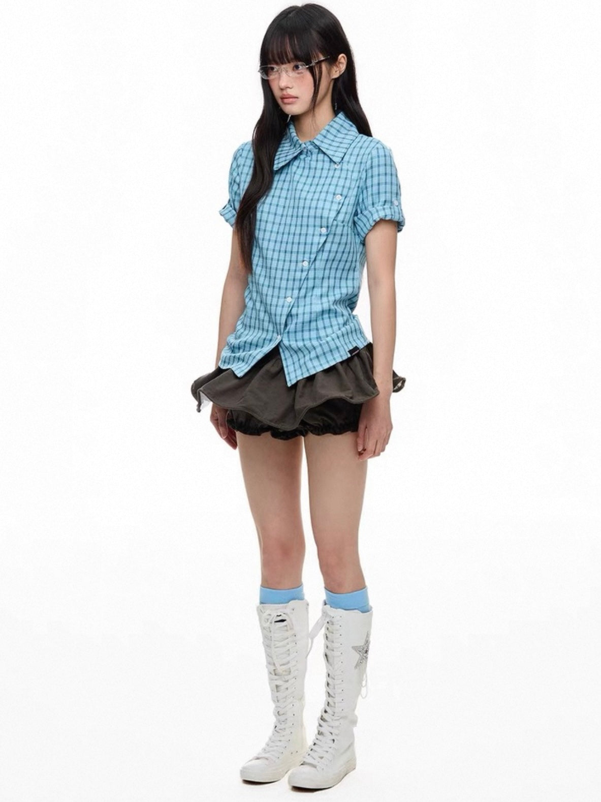 Blue Plaid Slim-Fit Short Sleeve Shirt – Colorblock Checkered Design