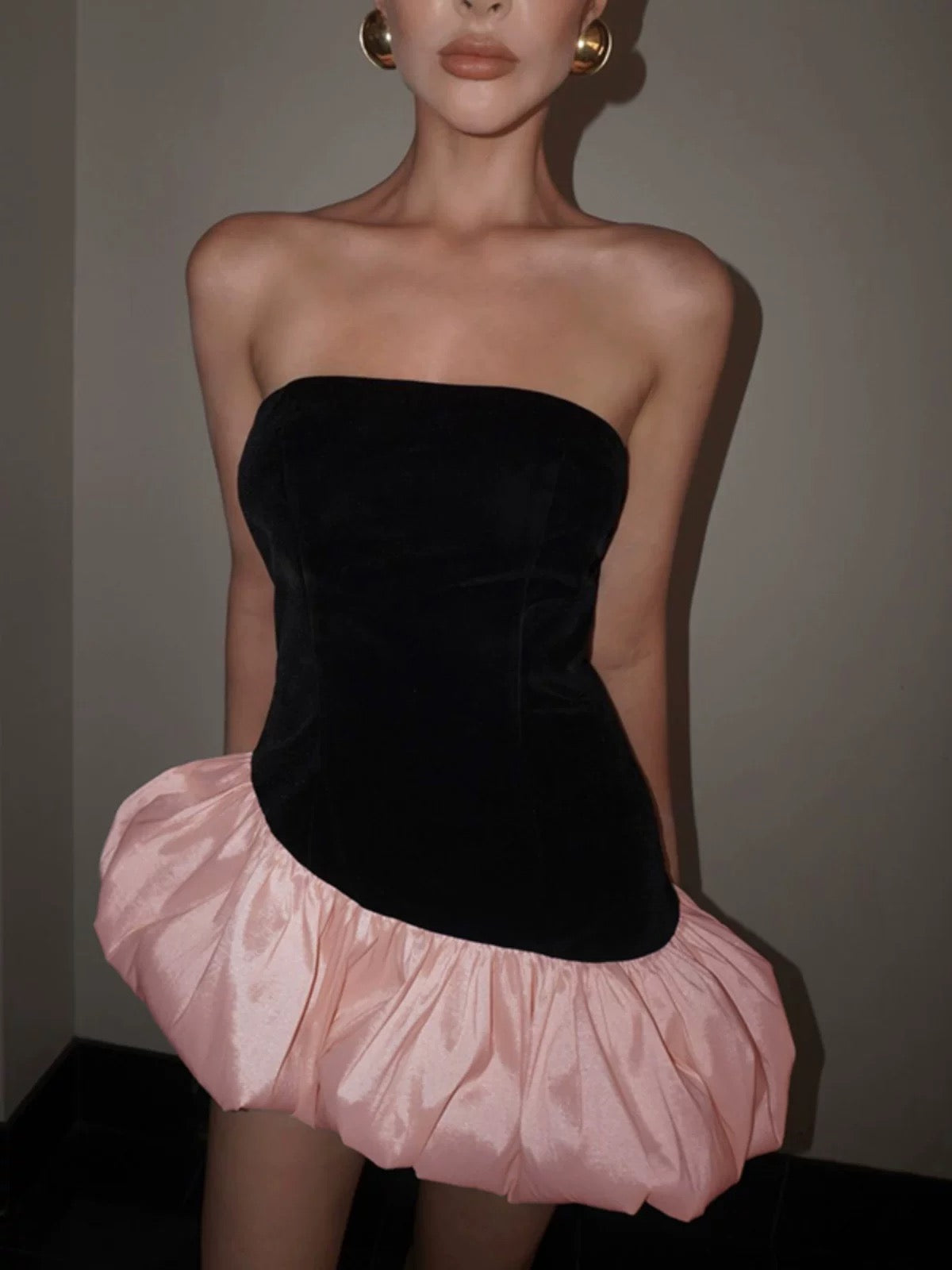 Sexy Y2K Style Patchwork Irregular Satin Pink Puffy Bustier Dress