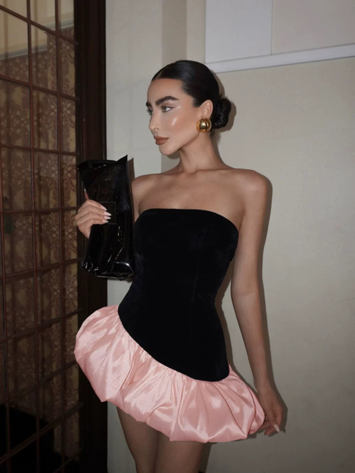 Sexy Y2K Style Patchwork Irregular Satin Pink Puffy Bustier Dress