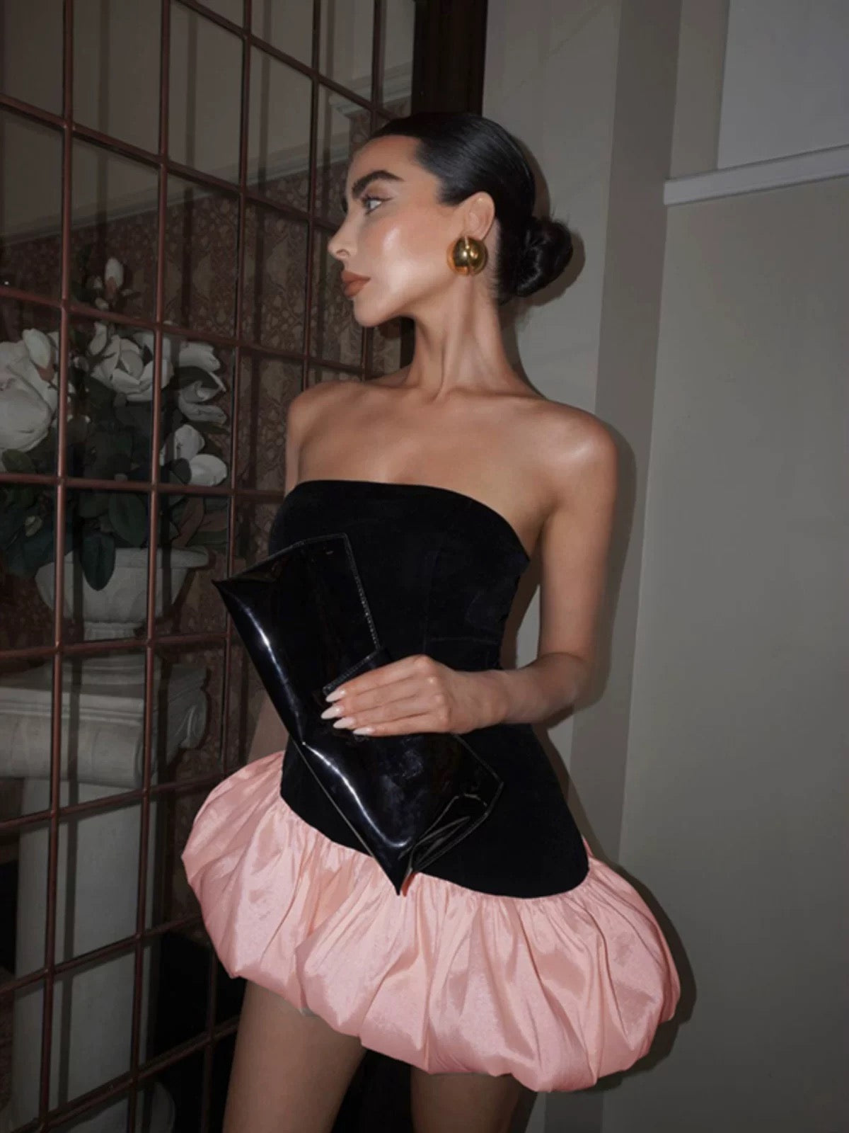 Sexy Y2K Style Patchwork Irregular Satin Pink Puffy Bustier Dress