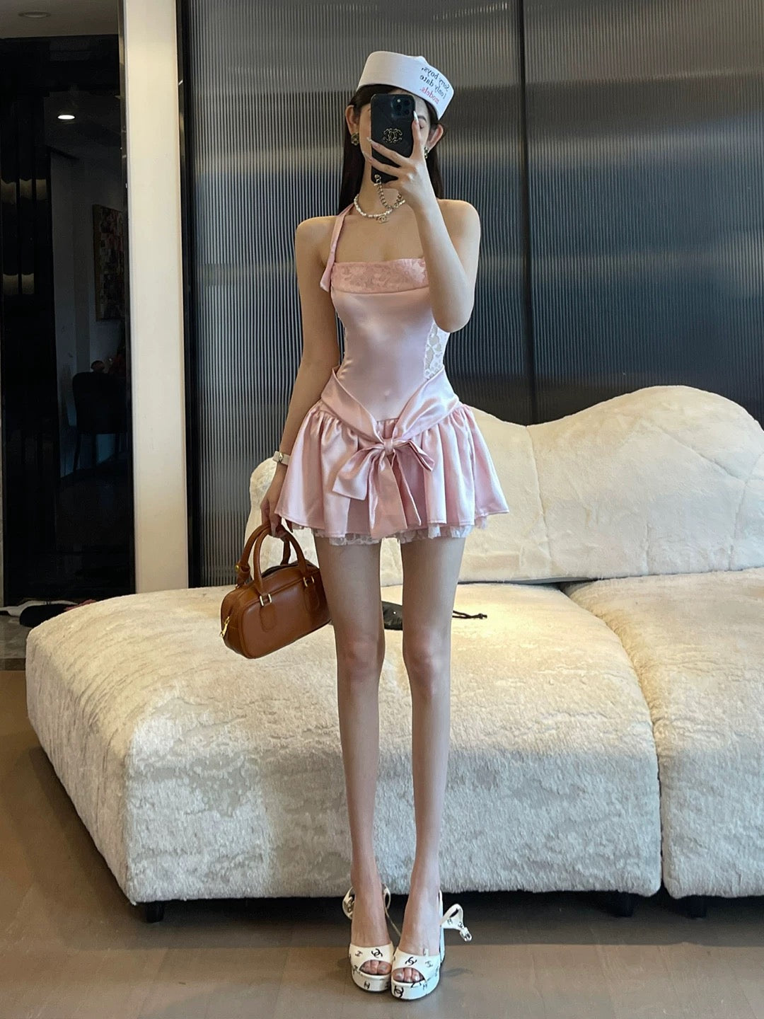 Sweetheart Sakura Pink Lace Bow Mini Dress