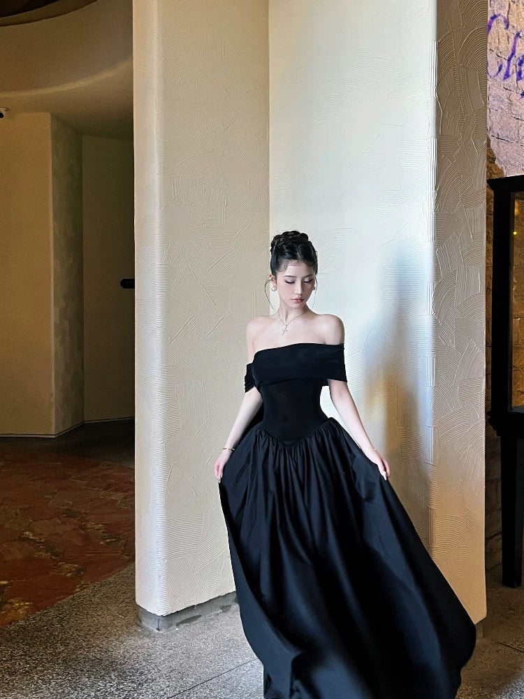 French Hepburn Off-Shoulder Ribbon Black Dress – Flowy & Elegant